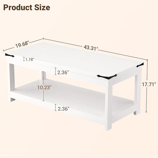 Homieasy Coffee Table with Storage Shelf, 43.3” Farmhouse Wood Coffee Tables for Living Room, Modern Center Tea Table, White
