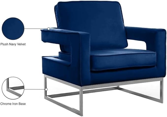 Meridian Furniture Noah Collection Modern | Contemporary Velvet Upholstered Accent Chair with Durable Stainless Steel Base, Navy, Chrome Base