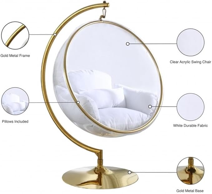 Meridian Furniture Luna Collection Modern | Contemporary Clear Acrylic Accent Swing Chair with Gold Metal Base and Durable Fabric Seat, 41.5" W x 29.5" D x 64" H, White