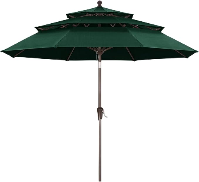 MASTERCANOPY 9ft 3-Tier Olefin Patio Umbrella with Tilt Crank, 5-Year-Non-Fading Canopy & 8 Fiberglass Ribs for Deck, Patio, and Garden, Dark Green