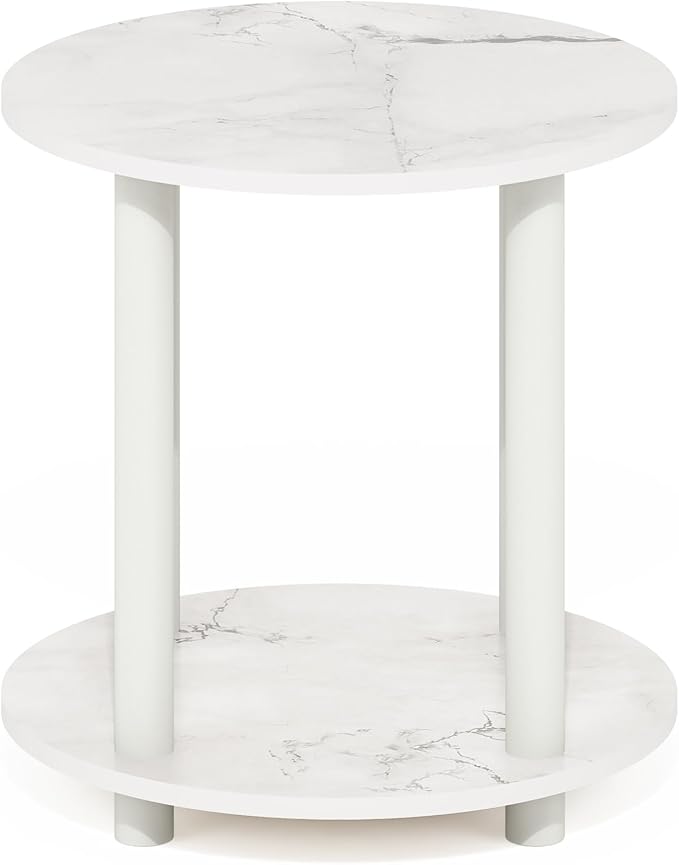 Furinno Turn-N-Tube 2-Tier Round Wooden End Table, Marble White