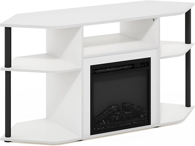 Furinno Jensen Fireplace TV Stand, Corner Entertainment Center, TV Console for TV up to 55 Inch with Fireplace, Plastic Poles and Open Storage, for Living Room, Bedroom, Solid White