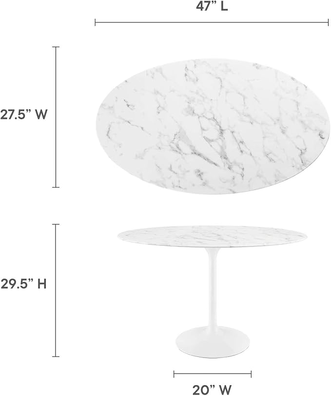 Modway Lippa 48" Oval-Shaped Mid-Century Modern Dining Table with Artificial Marble Top and White Base