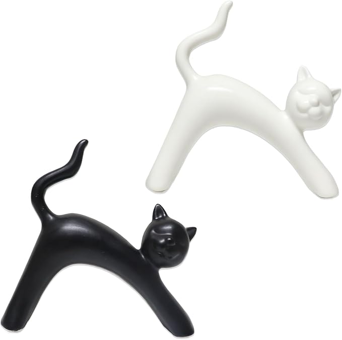 Zerzsy Ceramic Cat Statue Figurine Sculpture Home Decor, 2-Pack Black and White Kitten Sculptures Small Knick Office Desk Accessories Decoration Gifts for Cat Lover