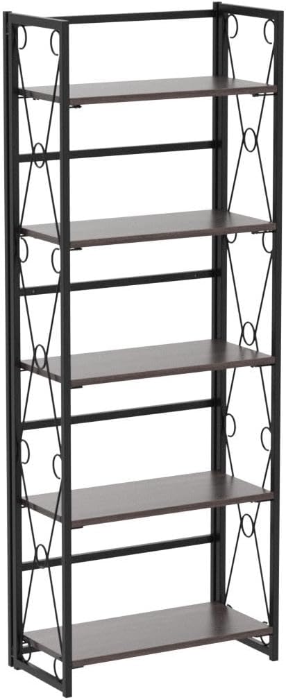 VECELO Bookshelf, 5 Shelf Folding Bookcase No Assembly, Industrial Metal Freestanding Shelves Rack Organizer for Living Room, Office, Bedroom, Kitchen, Set of 2, Dark Brown
