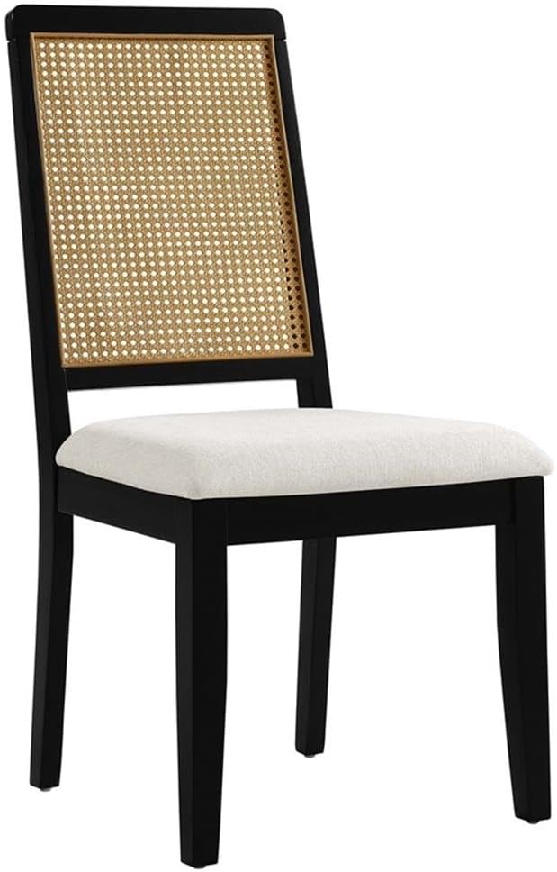 Modway Arlo Wood and Faux Rattan Dining Chairs Set of 2 in Black Natural Heathered Weave Ivory - Modern Farmhouse Accent Chairs - Fabric Upholstered Chairs for Dining Room