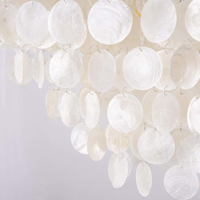 Wellmet Natural Capiz Shell Chandelier, 6 Lights Coastal Modern Capiz Chandelier Pendant Lighting, Hanging Round Layered Chandelier for Living Room, Dining Table, Bedroom, Kitchen, Foyer, W-23.62”