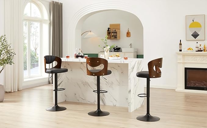 Swivel Bar Stools Set of 2,Counter Height Stools with Bentwood Back,Armrest&Footrest,Adjustable PU Leather Bar Chairs for Kitchen Island,Coffee Shop and Salon,Black,Curveback Classic