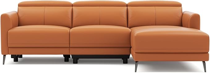 Valencia Andria Reclining Sectional Leather Sofa Right-Facing 99.5" | Italian Nappa 11000 Top-Grain Leather Reclining Sofa | Electric Power Recliner | Stainless Steel Leg, Cognac