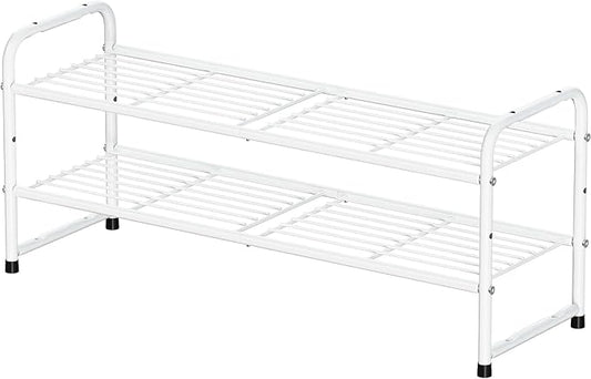 2 Tier Stackable Shoe Rack, 32.5" Wide All Metal Free Standing Shoe Storage Organizer for Entryway, Closet, White