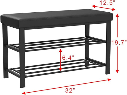 Finnhomy Entryway Shoe Rack with Cushioned Seat, Shoe Bench for Entry, 2 Shelves Storage Bench w/Faux Leather Top Bed Bench, Black