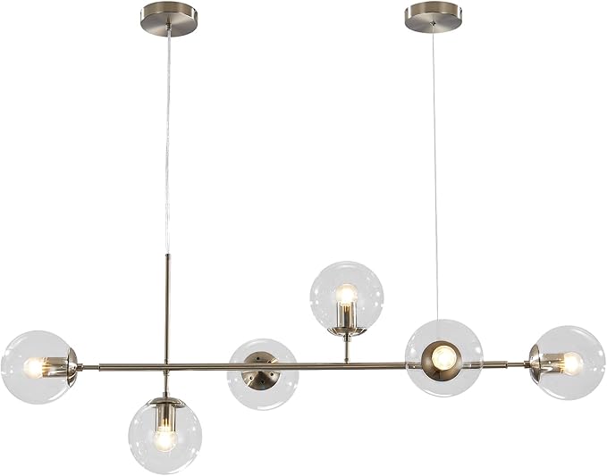 KCO Lighting 6 Light Brushed Nickel Chandelier Bubble Glass Pendant Lights Kitchen Mid Century Modern Linear Chandelier Globe Sputnik Ceiling Light for Dining Room Living Room