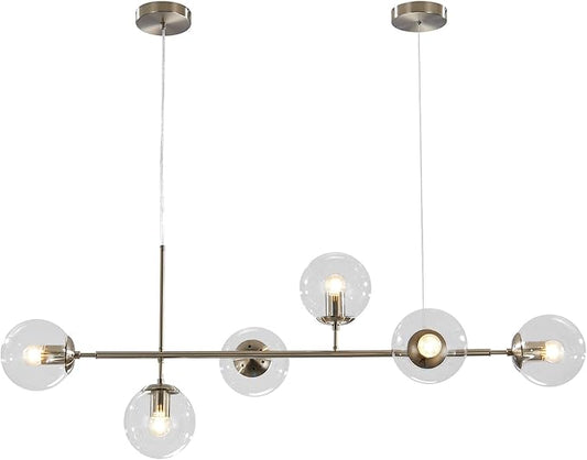 KCO Lighting 6 Light Brushed Nickel Chandelier Bubble Glass Pendant Lights Kitchen Mid Century Modern Linear Chandelier Globe Sputnik Ceiling Light for Dining Room Living Room