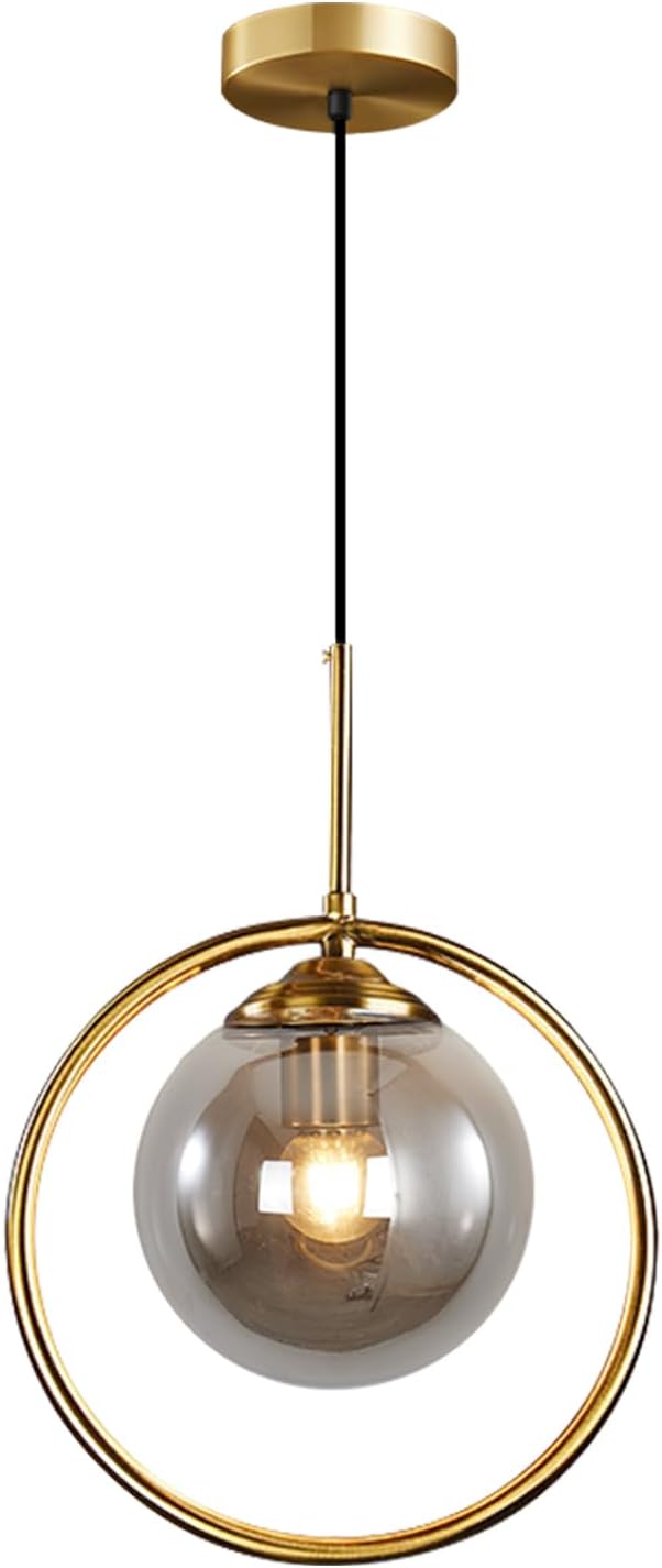 BOKT Mid Century Modern Large Globe Pendant Light Fixture Smoke Grey Glass Pendant Lighting Vintage Gold Circle Round Pendant Hanging Lights Minimalist Single Bathroom Lighting