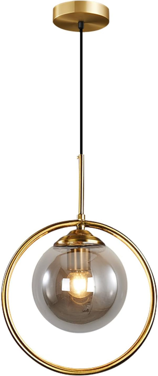 BOKT Mid Century Modern Large Globe Pendant Light Fixture Smoke Grey Glass Pendant Lighting Vintage Gold Circle Round Pendant Hanging Lights Minimalist Single Bathroom Lighting