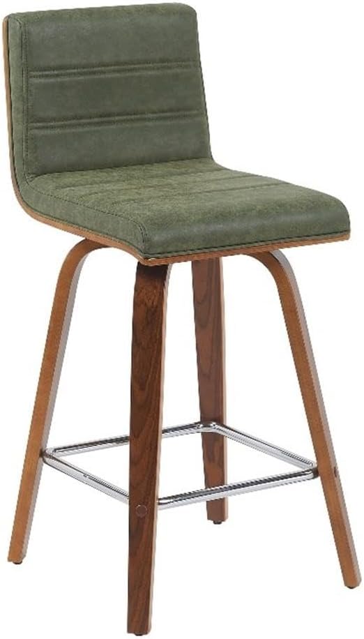 Armen Living Vienna Modern Swivel 26" Counter Height Barstool with Vintage Green Faux Leather and Walnut Wood Finish