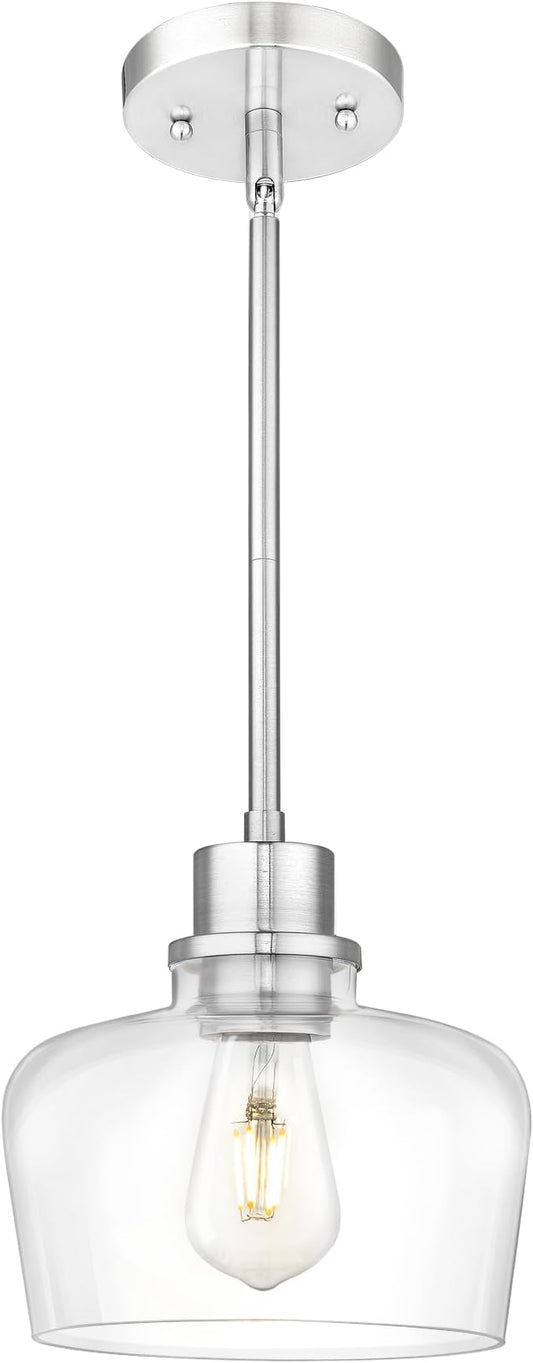 Emak Brushed Nickel Pendant Lights, Modern 8 Inch Clear Glass Pendant Light Fixtures for Kitchen, Bathroom, Bedroom, Dining Room, PL122-BN-CG