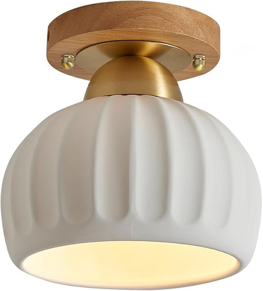 Ceramic Wood Brass Semi Flush Mount Ceiling Light Vintage Hallway Light Fixtures, Modern Small Ceiling Mount Light Lamp for Hall Kitchen Entryway Passway Porch Foyer