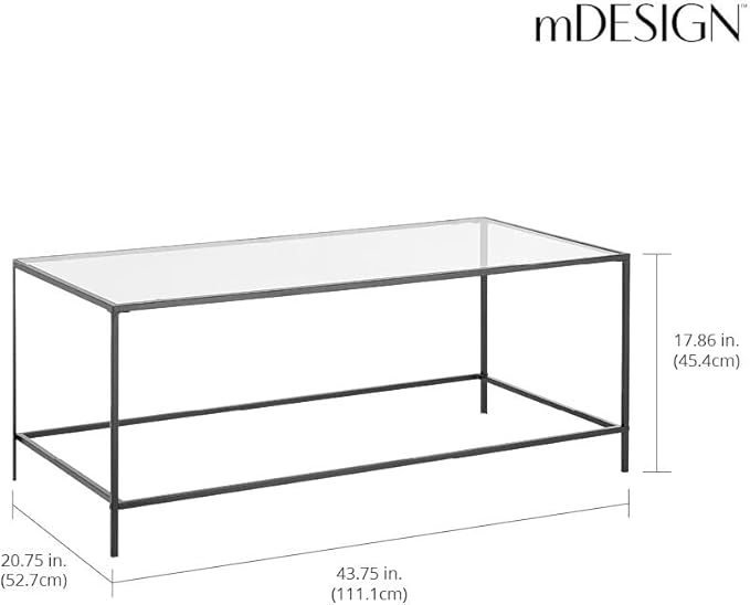 mDesign Glass Top Coffee Table - Large Minimalistic Rectangular Geometric Metal Accent Furniture Unit for Living Room, Basement, Home Office, Garage, and Bedroom - Black