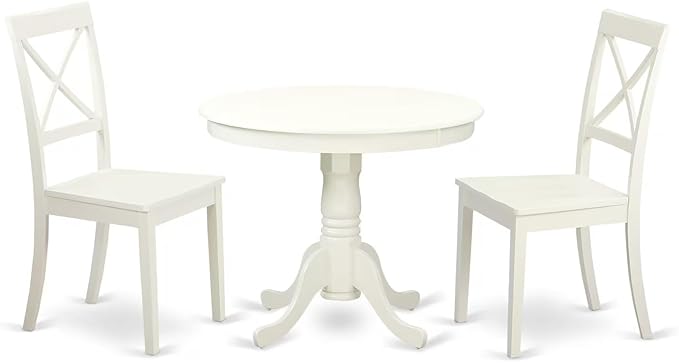 East West Furniture ANBO3-LWH-W 3 Piece Kitchen Table & Chairs Set Contains a Round Dining Room Table with Pedestal and 2 Solid Wood Seat Chairs, 36x36 Inch, Linen White