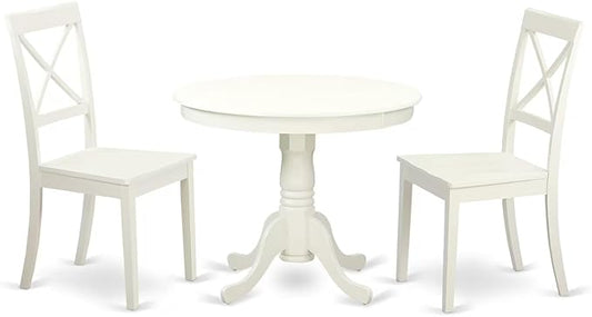 East West Furniture ANBO3-LWH-W 3 Piece Kitchen Table & Chairs Set Contains a Round Dining Room Table with Pedestal and 2 Solid Wood Seat Chairs, 36x36 Inch, Linen White