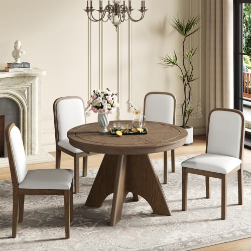 Bellemave 5-Piece Extendable Round Dining Table Set with 4 Upholstered Chairs, 42"-58" Round Kitchen Table Set for 4-6 with Removable Leaf and Crossed Legs for Kitchen, Dining Room (Espresso)