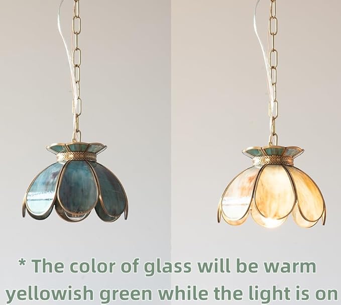 Brass Glass Ceiling Pendant Light, Hanging Chain lamp, with Vintage Lotus Flower Blue Green Glass Shade for Kitchen Island Dining Room Bedroom Living Room-7.9" Shade