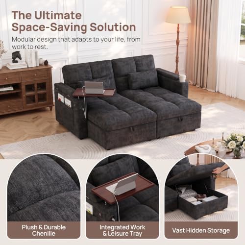 Convertible Sectional Sofa Bed with Storage, Tray & USB Port, Black