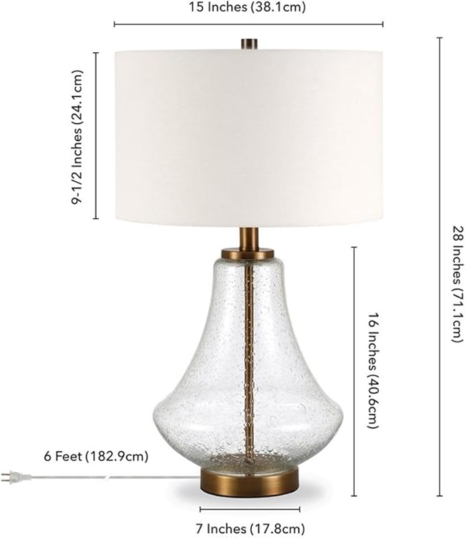 Lagos 23" Tall Table Lamp with Fabric Shade in Seeded Glass/Brushed Brass/White