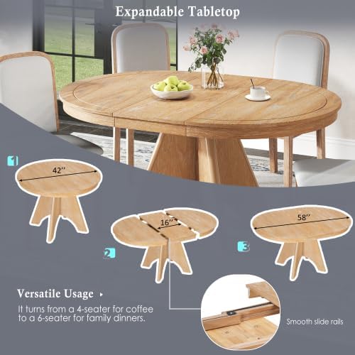 Bellemave 42"-58" Extendable Dining Table for 4-6, Farmhouse Round Kitchen Table with Removable Leaf and Crossed Legs for Kitchen, Dining Room (Natural Wood Wash)
