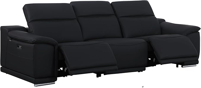 BlackJack Furniture Venice Top Grain Italian Leather Dual Power Recliner Sofa - 107" Theater Seating Modern Couch for Living Room Apartment Lounge Home with Adjustable Headrests & USB Port, Black