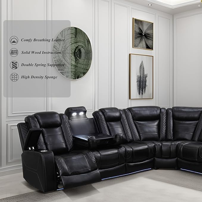 Power Recliner Sectional Sofa with LED Light, Breathing Leather Recliner Sofa Couch with Wireless Charger/Cup Holder for Living Room Home Office Theater (All Black)
