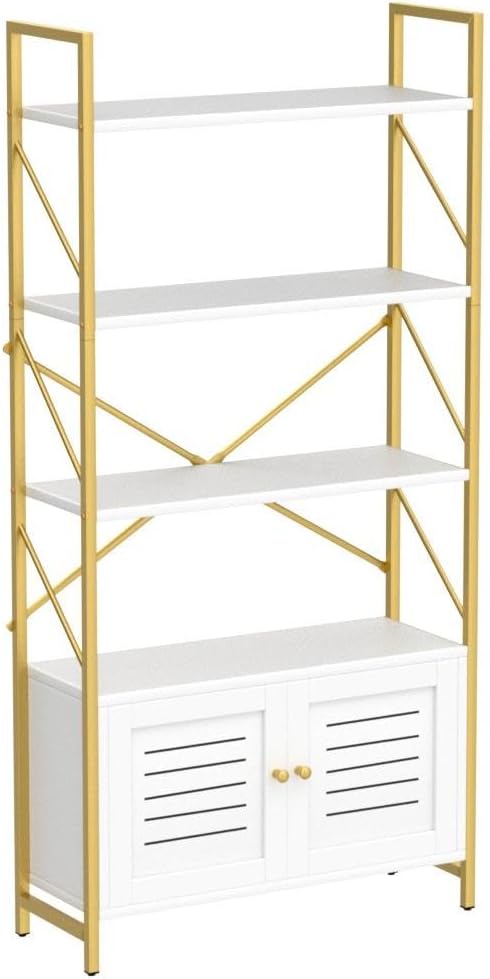 YITAHOME Bookshelf and Bookcase with Storage Cabinet, Standing 5 Tiers Book Shelves Display Rack with Doors for Bedroom Living Room Office,White&Gold