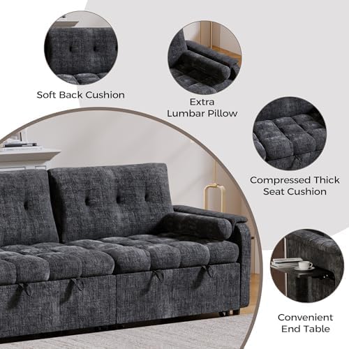 Convertible Sleeper Sofa Bed, 86 Inch Chenille Pull Out Couch with Side Table & Adjustable Backrest, Sectional Sleeper Sofa with Pull Out Bed for Living Room, Apartment, Black