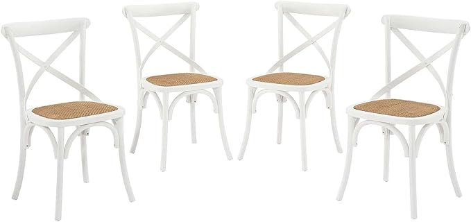 Modway Gear Rustic Modern Farmhouse Elm Wood Rattan Four Dining Chairs in White