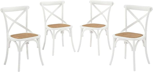 Modway Gear Rustic Modern Farmhouse Elm Wood Rattan Four Dining Chairs in White