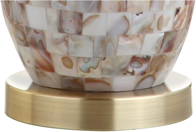 JONATHAN Y 28" Natural Mosaic Seashell Table Lamp, Coastal Contemporary Resin Lamp for Living Room Bedroom, White Linen Shade, Brass Gold Accents, LED Bulb Included JYL4005A