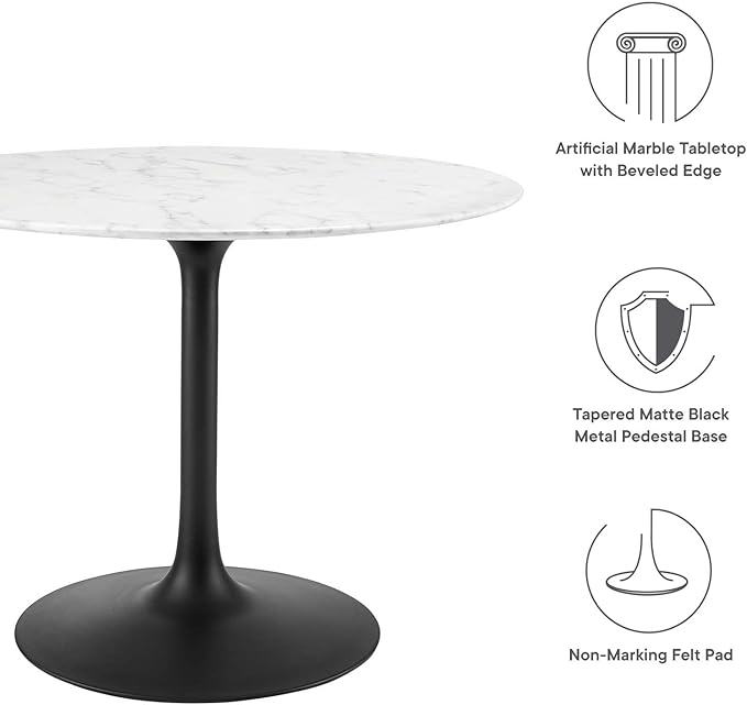 Modway Lippa Mid-Century Modern 40" Round Artificial Marble Dining Table in Black White