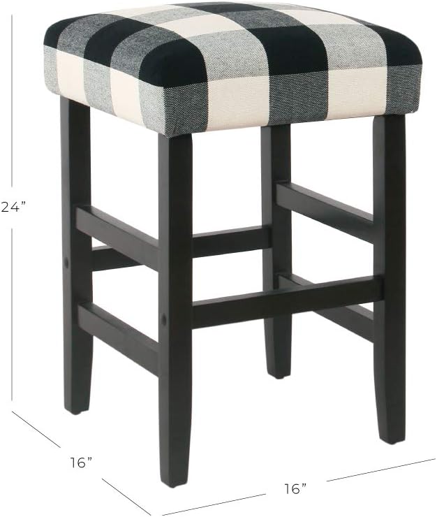 Homepop Home Decor | Classic Open-Back Counter Height Barstool | Square 24 Inch Bar Stools with Domed Cushion, Black Plaid