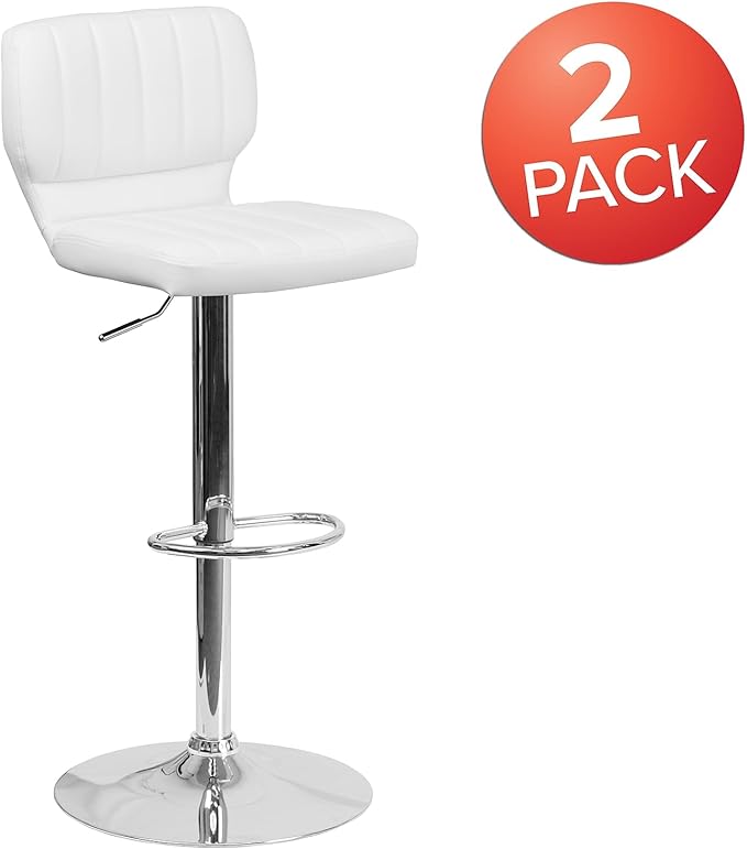 Flash Furniture Samantha Contemporary White Vinyl Adjustable Height Barstool with Vertical Stitch Back and Chrome Base (Pack of 2)