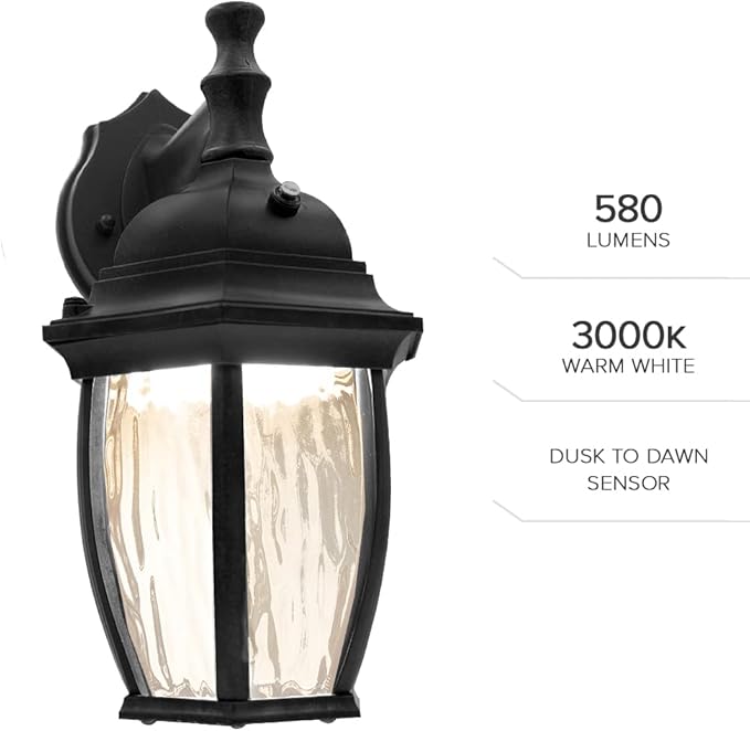 Maxxima LED Outdoor Wall Light - Features Clear Water Glass, 3000K Warm White, 580 Lumens, Dusk to Dawn Photocell Light Sensor, Patio or Porch Sconce Fixture, Ideal for Exterior Decor Lighting - Black