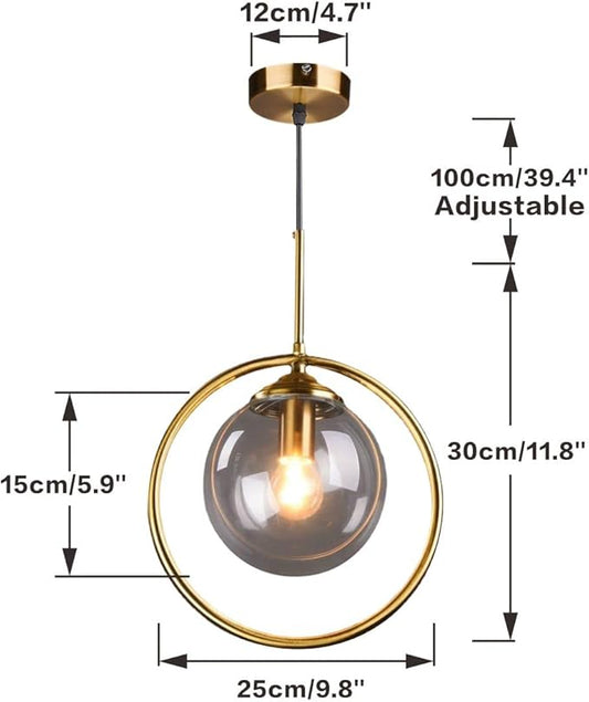 BOKT Mid Century Modern Large Globe Pendant Light Fixture Smoke Grey Glass Pendant Lighting Vintage Gold Circle Round Pendant Hanging Lights Minimalist Single Bathroom Lighting