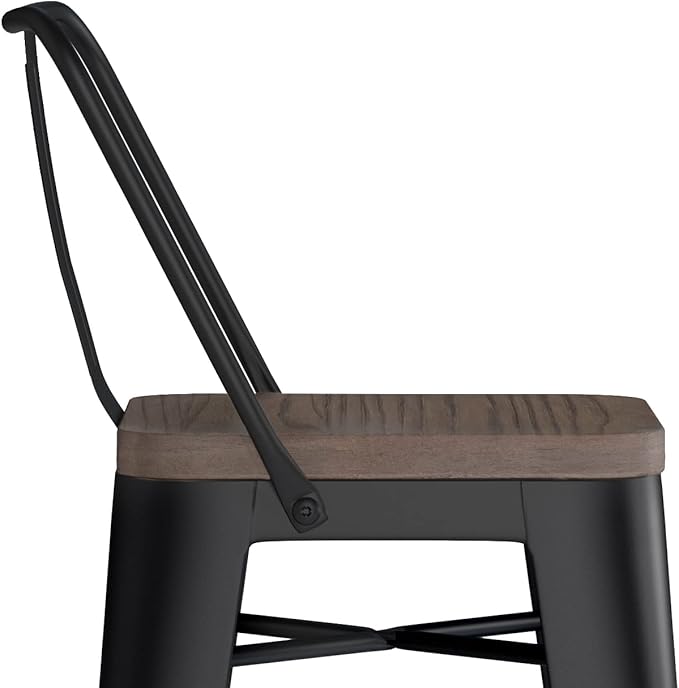 SIMPLIHOME Rayne Bar Stools (Set of 2) - 30 inch Seat Height Metal and Wood Chairs in Black, Industrial Seating for Kitchen or Bar with Curved Back, Footrest, and Elm Wood Seat