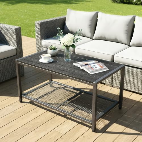 VINGLI Outdoor Coffee Table with Double-Layer Storage, Rectangle Weather-Resistant Patio Coffee Table for Garden, Balcony, Hot Tub, Poolside, Heavy-Duty Metal Frame, Black