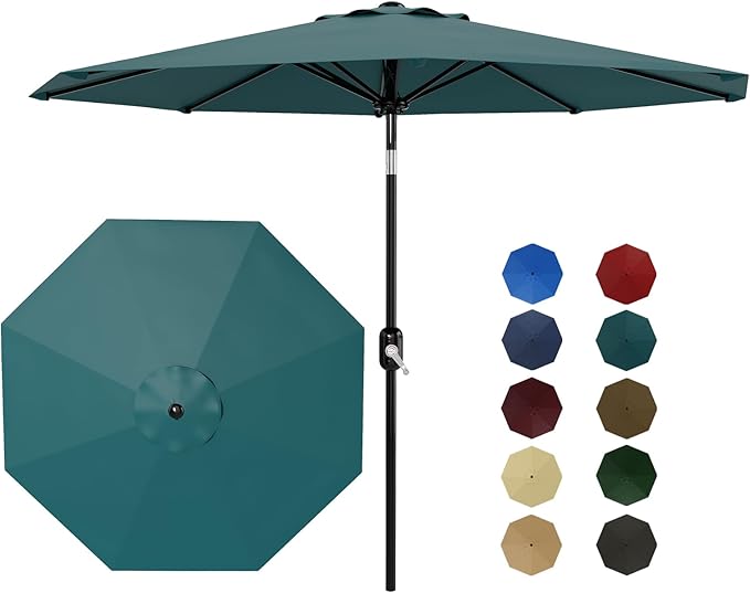 Garvee 9FT Patio Umbrella - Outdoor Table Umbrella with Crank Lift & Push Button Tilt - Market Umbrella 8 Sturdy Ribs UV Protection for Pool, Deck, Yard, Garden - Turquoise