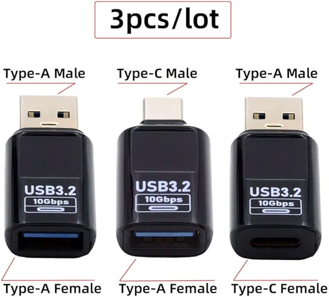 CY Adapter 3pcs/lot Type-C Smart LED Display USB-C to USB3.2 Type-A Adapter 10Gbps Data Current Voltage Fast Charging Monitoring Display Tester Detector