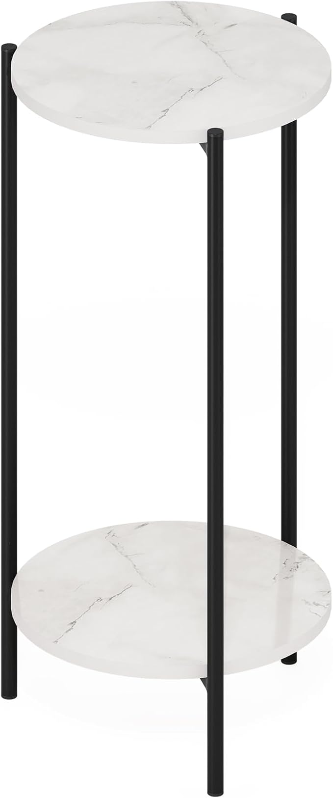 Furinno Besi 2-Tier Modern Tall Round Side End Table with Sturdy Metal Legs, 11.57 (W) x 8.16 (H) x 4.36 (D) inches, Marble White