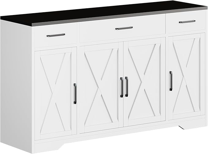 GAOMON Buffet Cabinet with Drawers, 55inch Wood Coffee Bar Large Sideboard Buffet Storage Cabinet with Shelves and Doors for Kitchen Dining Living Room, White/Black