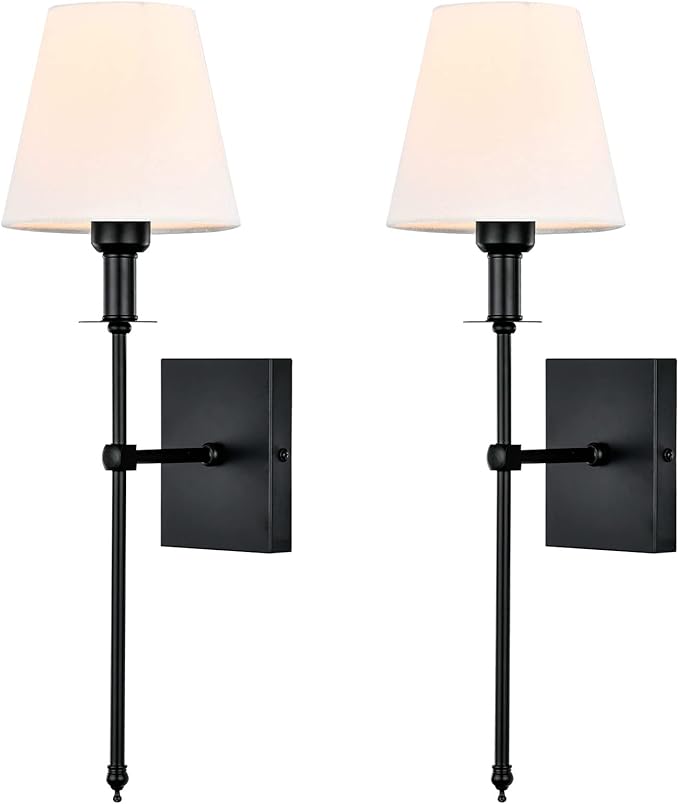 Pauwer Slim Wall Sconce Set of 2 White Fabric Shades Wall Sconce Hardwired Indoor Wall Light Column Stand Bedroom Wall Lamps Bathroom Vanity Light Fixture, Black