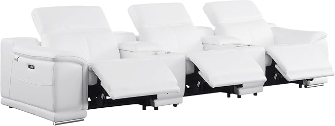 BlackJack Furniture Venice Top Grain Italian Leather Power Recline 8 Piece 5 Seater Sofa - 134" Theater Seating Modern Couch for Living Room Apartment with Adjustable Headrests & USB Port, White